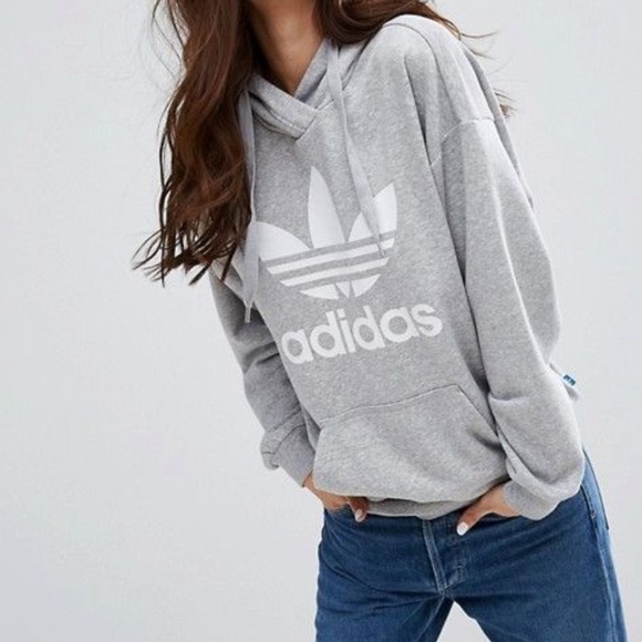 adidas Tops - ADIDAS Gray Trefoil Logo Pullover Hoodie